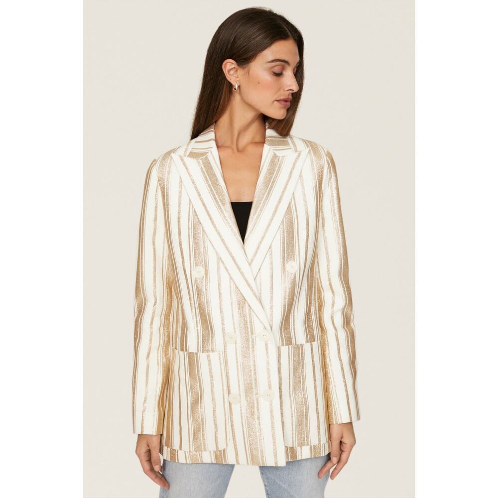 7 for All Mankind Shine Blazer Ivory Gold Stripe Button Front Double Breast Sz L